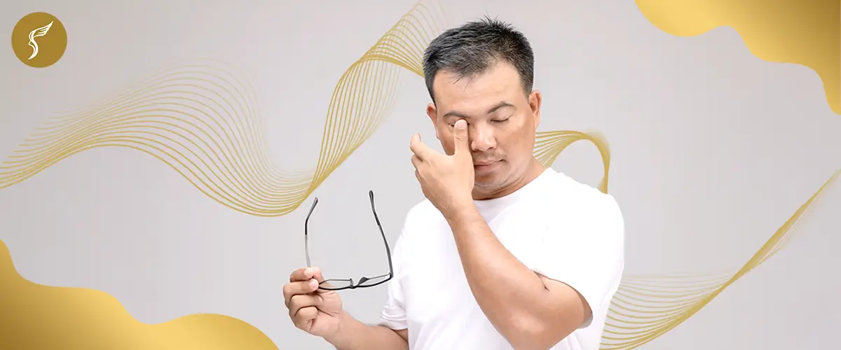 Man rubbing his eyes while holding eyeglasses, showing discomfort or signs of eye strain possibly related to vision issues