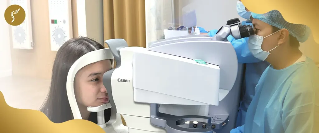 Female patient undergoing an eye examination with a Canon diagnostic machine, assisted by a medical professional in protective gear