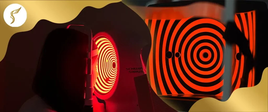 Patient undergoing corneal topography with a Scheimpflug imaging device showing red concentric rings for keratoconus screening