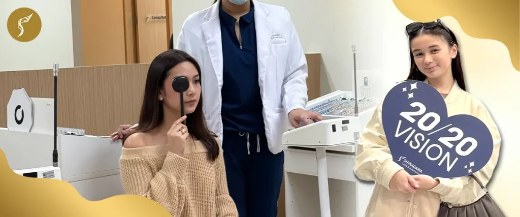 Woman undergoing an eye test with an occluder at a clinic, with a doctor assisting and another patient holding a 20/20 vision sign