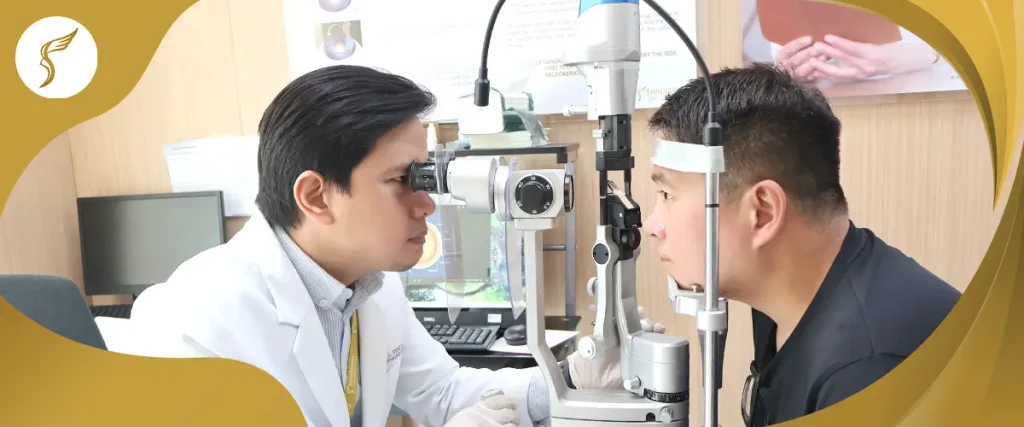 Eye doctor performing a slit-lamp examination during a comprehensive eye checkup at Shinagawa Lasik & Aesthetics.