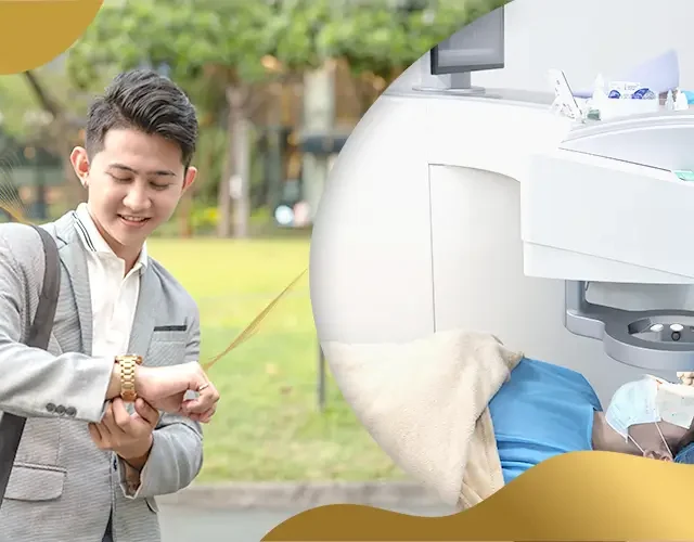 Man checking his watch outdoors beside a LASIK surgery procedure in a clinic.