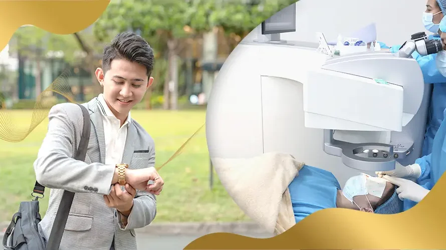 Man checking his watch outdoors beside a LASIK surgery procedure in a clinic.