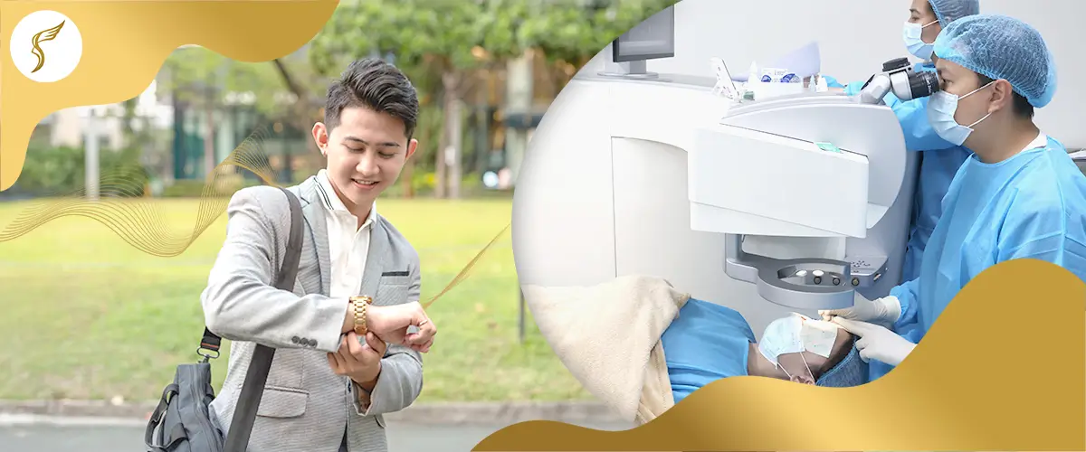 Man checking his watch outdoors beside a LASIK surgery procedure in a clinic.