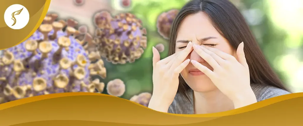 Woman experiencing sinus and eye irritation linked to viral or allergic conjunctivitis.