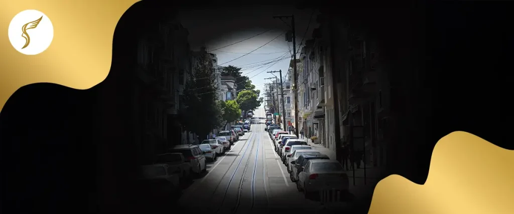 Street view with darkened peripheral edges illustrating tunnel vision and reduced peripheral eyesight commonly associated with eye conditions and vision loss.