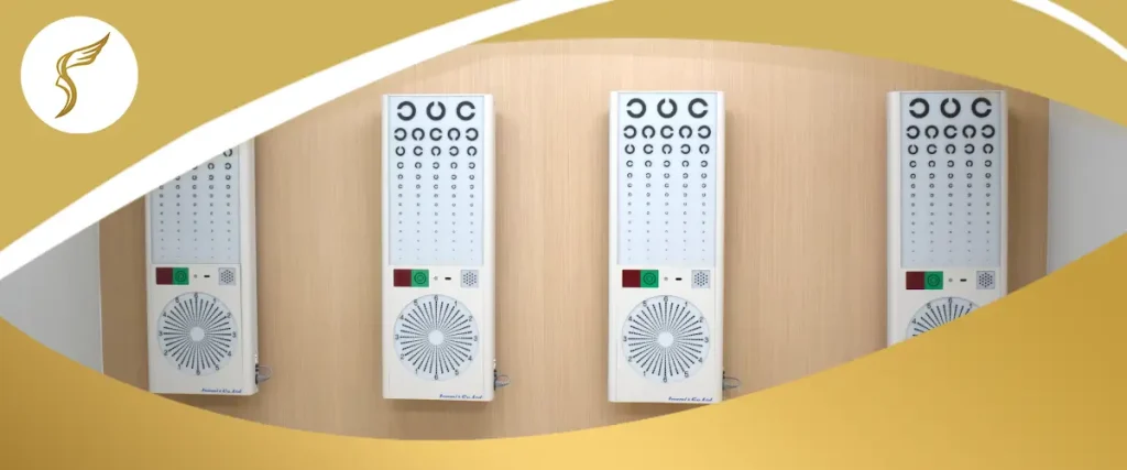 Wall-mounted eye test charts used in a comprehensive eye exam for visual acuity screening and ophthalmology assessment at an eye clinic.