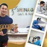 LASIK patient testimonial at Shinagawa Lasik & Aesthetics holding ‘Goodbye Glasses’ sign, alongside eye exam and laser eye surgery procedure images.