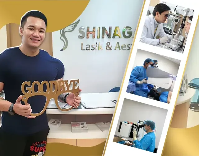 LASIK patient testimonial at Shinagawa Lasik & Aesthetics holding ‘Goodbye Glasses’ sign, alongside eye exam and laser eye surgery procedure images.