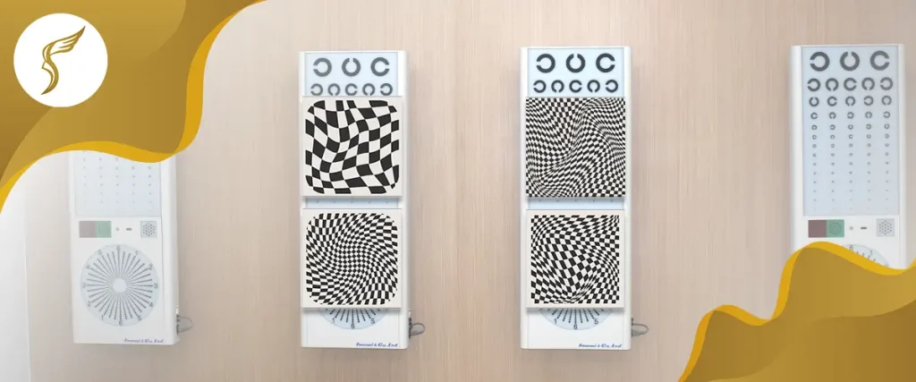 Astigmatism and contrast sensitivity eye test charts displayed on clinic wall during comprehensive vision examination.