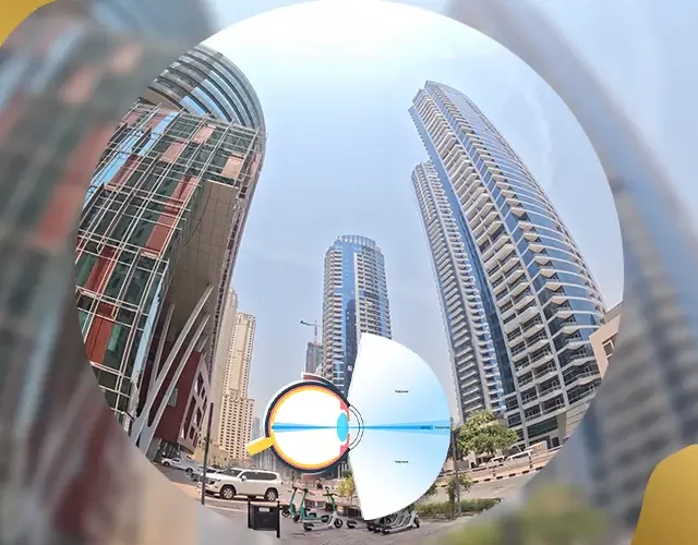 Illustration of blurred and distorted city view demonstrating refractive error and how light focuses inside the eye for vision correction explanation.