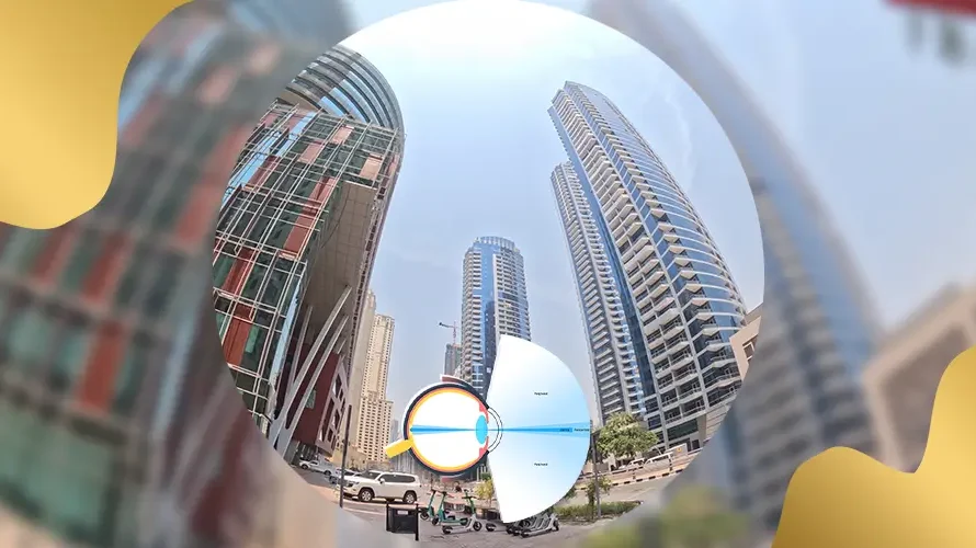 Illustration of blurred and distorted city view demonstrating refractive error and how light focuses inside the eye for vision correction explanation.