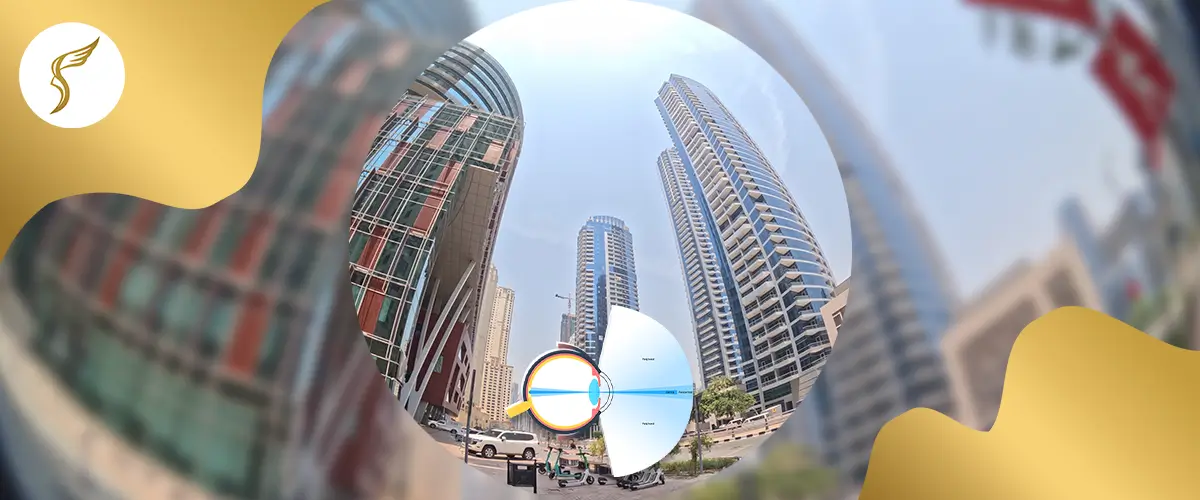 Illustration of blurred and distorted city view demonstrating refractive error and how light focuses inside the eye for vision correction explanation.