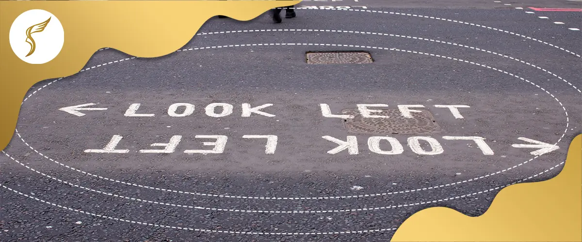 Road marking reading ‘Look Left’ on pedestrian crossing, illustrating visual awareness, directional perception, and road safety cues.