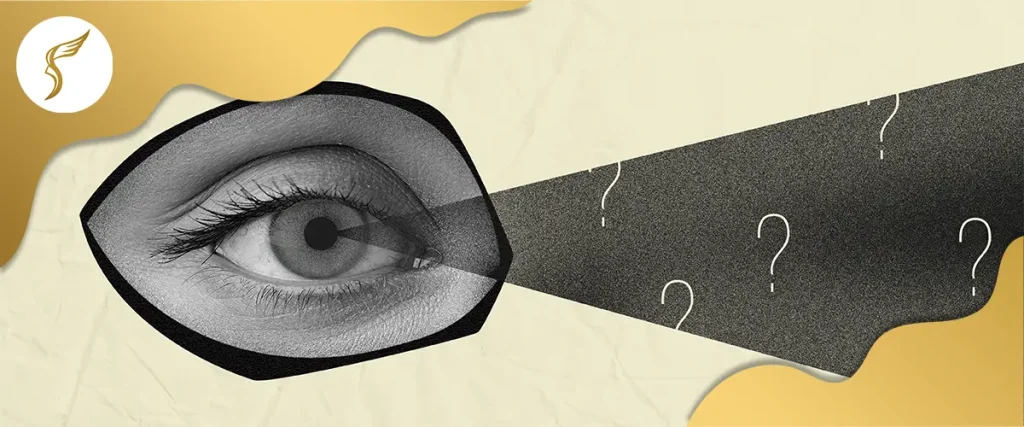 Illustration of an eye projecting a blurred field with question marks, representing visual perception problems, unclear vision, and difficulty interpreting visual information.