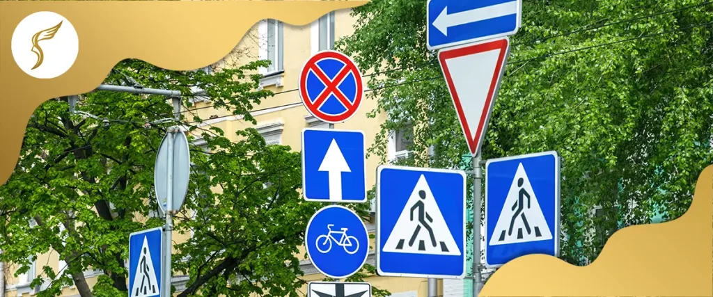 Multiple road traffic signs for pedestrians, cyclists, and drivers, highlighting visual perception, symbol recognition, and road safety awareness.