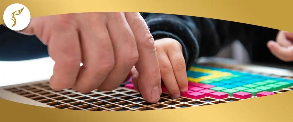 Hands performing color vision test using colored tiles to assess color blindness and visual perception