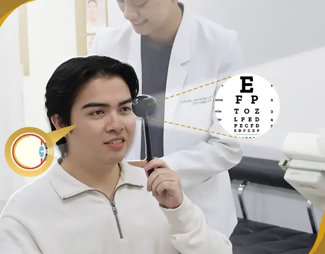 Patient performing visual acuity test using occluder and Snellen eye chart during comprehensive eye exam at a LASIK and vision care clinic.
