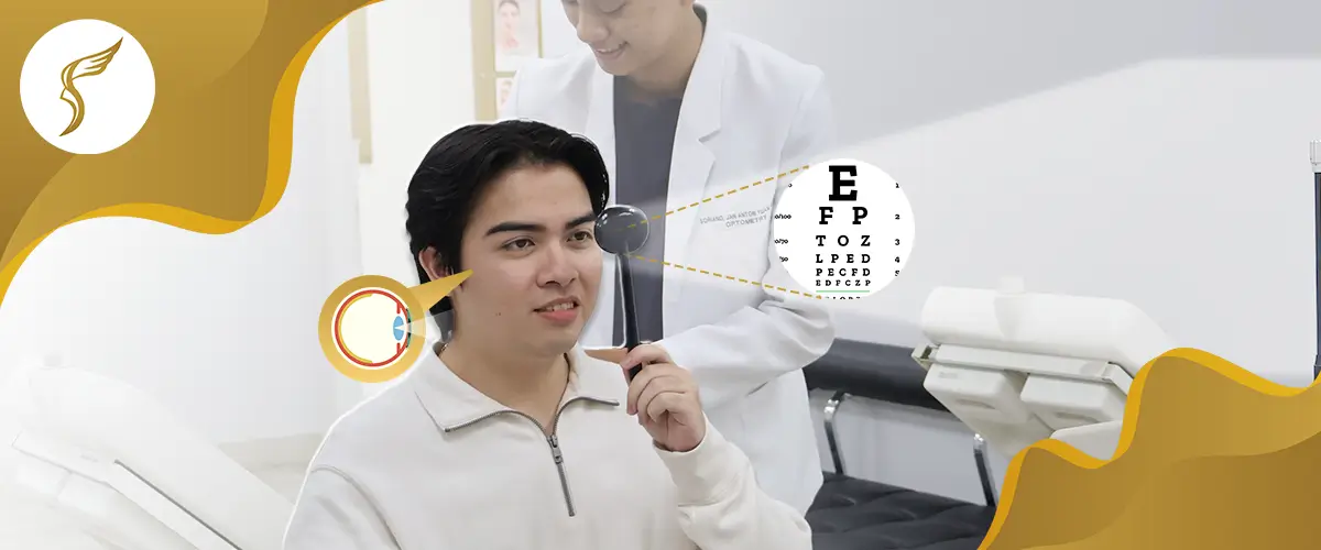 Patient performing visual acuity test using occluder and Snellen eye chart during comprehensive eye exam at a LASIK and vision care clinic.