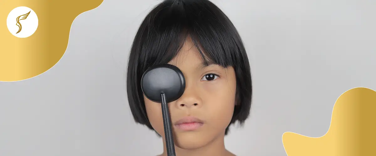 Child covering one eye during a pediatric vision screening or eye exam.