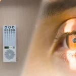 Comprehensive eye exam with slit lamp and visual acuity chart testing.
