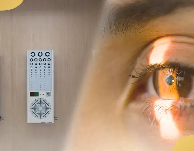 Comprehensive eye exam with slit lamp and visual acuity chart testing.