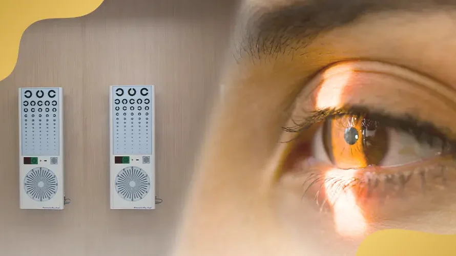 Comprehensive eye exam with slit lamp and visual acuity chart testing.