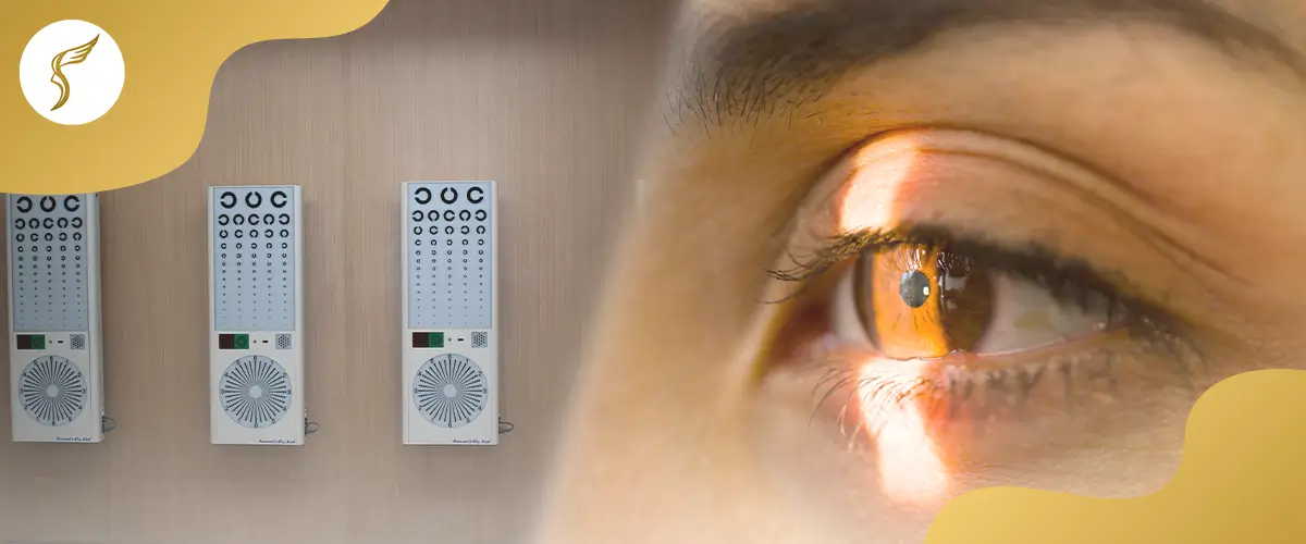 Comprehensive eye exam with slit lamp and visual acuity chart testing.