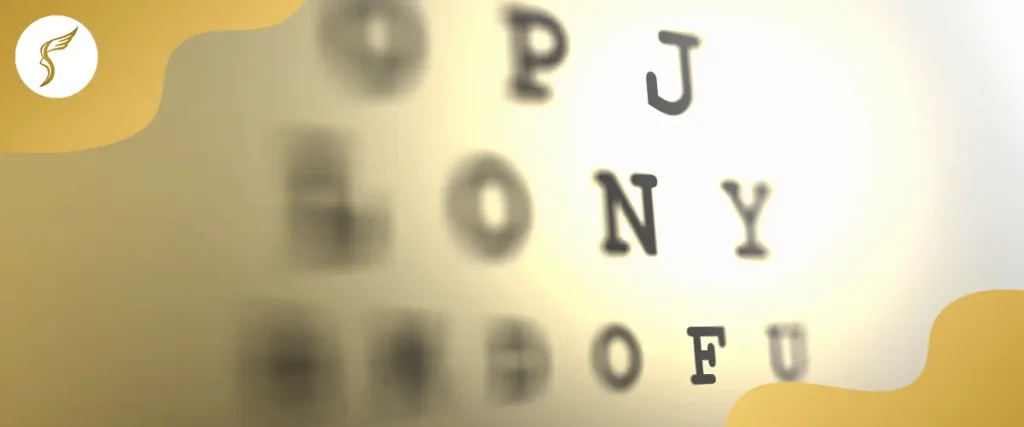 Blurred eye chart letters showing vision problems and refractive error.